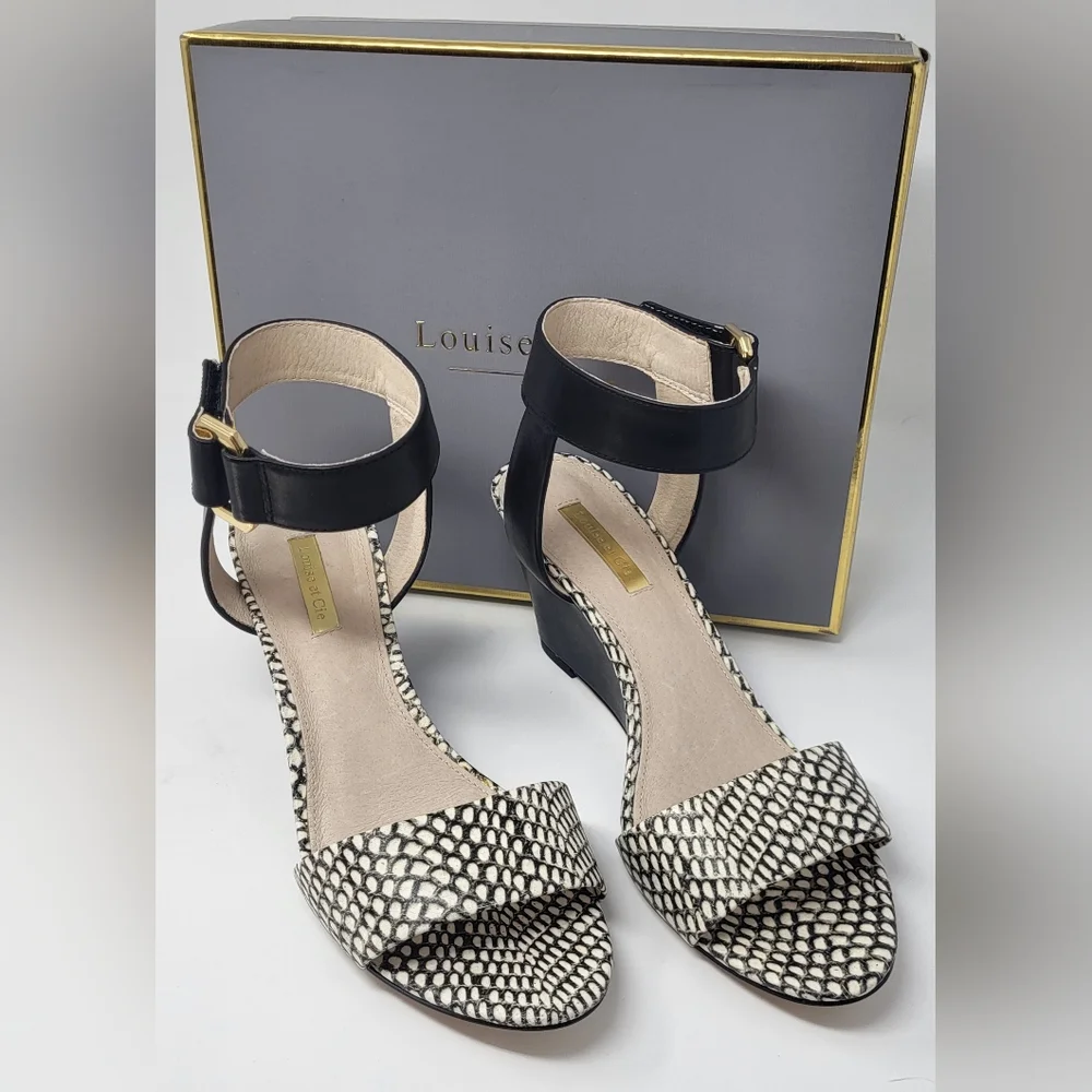 Louise et Cie Black and White Wedge Shoes with Textured Design and Ankle Strap - Picture 7 of 14